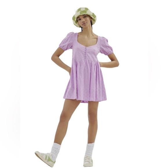 Urban Outfitters UO Maci Polka Dot Mini Dress Puff Sleeve Lilac - Picture 1 of 14